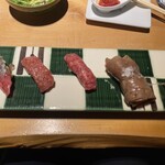 肉寿司 肉和食 KINTAN - 左から、ランプトリュフ握り、肉の魔球、大トロざぶとん握り、牛ロースの炙り握り