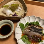 御料理 一燈 - ヒラスズキとアオリイカのお造りと、さわらの藁焼き クレソン、エゴマ、山雲丹のジュレ仕立て