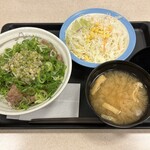 松屋 - ネギ塩牛焼肉丼、590円＋生野菜、140円