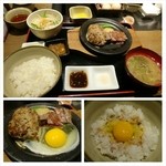 鉄板料理 堂島 - 風邪には栄養補給。１日２０食限定のハンバーグとステーキのハーフ＆ハーフ。食べ放題の生卵をハンバーグ用に目玉焼きと卵かけご飯で二個使用しました。TKGの醤油をかけ過ぎたのが痛恨の極み(>_<)