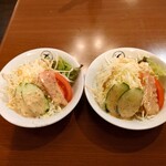 洋食喫茶かまた - と、いうことは、、、❔
後で現実を知ることになった❔(笑)

◯サラダ
2つのメニューを頼んだので
当然❔サラダも2つ、やって来ちゃったよねえ❔（笑）

市販の胡麻ドレッシングが掛けられていた