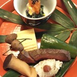 筑紫亭 - ●季節の前菜 鹿肉・鱧・むかご・万願寺唐辛子・エリンギ・出汁巻き玉子ほか