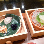 Keishindou Honten Oshokujidokoro Hyakufukuan - 前菜（釜揚げエビの酢和え、甘海老の塩から、黒豆）と向付（活伊勢海老）