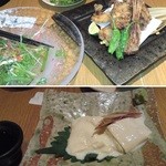 酉の舞 - 　水菜と和野菜のサラダ（714円）にアンコウ唐揚げ（609円）、湯葉刺身（525円）。