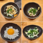 Tori Megu - 鶏皮ポン酢、鶏の白子(わさび醤油)、卵黄鬼おろし、春菊とツナのマヨネーズ和え
