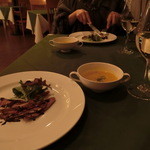 Restaurant Lagoon - 前菜（鴨のロースト）とスープ（かぼちゃ）