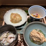 肉割烹 上 - 松葉蟹フカヒレ、あん肝甘鯛、蛤とキノコ、ウニとスッポンジュレ