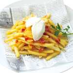 Fries with sour cream and chili sauce