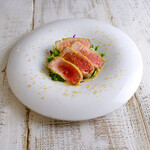 Rare raw bluefin tuna cutlet with karasumi glaze