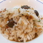 京口町　てるい - 赤米とムカゴの炊き込みご飯♪　ジャコの有馬煮と刻んだ大葉も♪