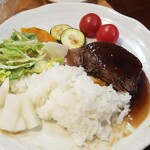 キッチン ブルー グローブ - 再び、ご飯、サラダ、お新香を乗せます