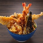 Ten-don (tempura rice bowl) topped with everything