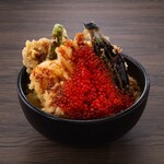 luxury! Salmon Ten-don (tempura rice bowl) topped with salmon roe