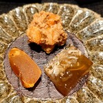 くろ﨑 - 虎河豚の煮凝り、焼き唐墨、鮟肝