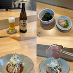 Sushi To Sake Nakaniwa - ビール、ナスの揚げ浸し、ほたての塩辛、寒ぶりのポン酢和え