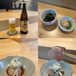 鮨ト酒 ナカニワ - ビール、ナスの揚げ浸し、ほたての塩辛、寒ぶりのポン酢和え