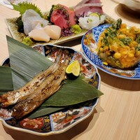 THE SUSHI GINZA 極 - アラカルトつまみ ・ほんししゃも・トウモロコシかき揚げ ・お刺身盛り合わせ(2名分)