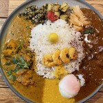 ハルダモンカレー - チキンカレーとフィッシュマンズカレーのあいがけ(1,600円)にエビのココナツハバネロアチャール(350円)と温泉玉子(100円)