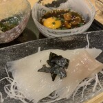 Otaru Orizushi - イカそうめん　つけだれは卵黄と雲丹入り