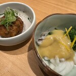 Wafuu Sakaba Kamejirou - お通し さつま揚げ、イカの酢味噌和え