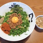 麺者風天 - 料理写真:汁なし辛肉まぜそば（辛さ増し・特盛）＆ 追い飯