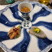 series - 4. 寒鰆藁焼き燻製 木姜油　5. 赤貝 生搾菜 姜葱和　6.大連産くらげ柚子風味