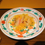 銀座おかもと - 赤蕪を帆立でサンドして焼き、からすみをかけたもの