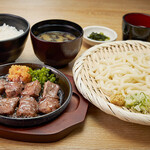 Dice Steak and mori udon set meal