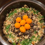 銀座 しのはら - スッポンと琵琶鱒と黄身の醤油漬け炊き込みご飯