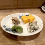 鮨あおき - 前菜：玉子、空豆、生タコ、佃煮