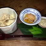 玉響 - 【移転前】先八寸 (原木椎茸クリーム茶碗蒸し・ぶりユッケ・スナップエンドウ　カブ菜佃煮マヨネーズ添え)