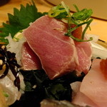 藤家 - 旬の造り盛り合わせ5種類：1100円(’13.12月)