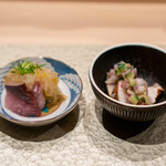 Sushi Tomikawa - 富山 寒鰤、土佐酢のジュレ 柚子と大根おろし えのきを巻いた白菜を添えて。  鰆の燻製、 オリーブオイルでマリネした香味野菜。