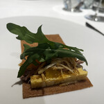 レストランディファランス - 鴨肉、海老芋のチップス、金柑、だし巻き、グローブのクレープ