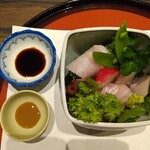 割烹 清風 - お造り：寒ブリ、タコ、太刀魚、鯛と醤油2種