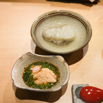 東麻布 天本 - クエの酒蒸し　あん肝ポン酢