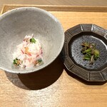 一碗水 - 炊き込み（干し肉、菜の花、紅芯大根、白菜、ニンニク漬け）●蕪菜とじゃこの付け合わせ