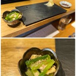あて鮨 喜重朗 - まずはランチセットの小鉢から。

小松菜のお浸しは、
しっかり鰹のお出汁がしみており…
しみじみと美味しいです(*´-`)