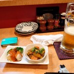 Niku Kaisen Ryouri Fuji - お通し　ビールは一番搾り