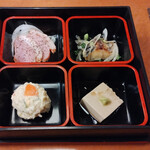 Ajimen - さわらの竜田揚げ、鴨ロースの燻製、胡麻豆腐、ポテトサラダ