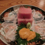 料亭石川 - お造り（ホンマグロ、雲丹、カンパチの薄造り）