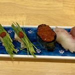 鮨や いしもん - 穴子・芽ねぎ・いくら・クエ・寒パチ・シメサバ 握り