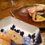 香箱がに、握り・甘エビ・シロエビ（昆布締め）