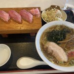 松竹 - おすすめセット　生本鮪中とろ3貫&ラーメン＆サラダ　1200円！