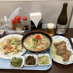 Kuukou Shokudou - 野菜そば、軟骨ソーキ、豆腐チャンプルー、ピリ辛ゴーヤー、ゴーヤー和え物、ミミガー和え物、オリオンビール(中瓶)