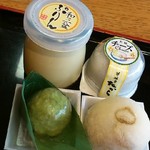 夢菓房たから 春日町本店 - 右下から時計回りに栗大福/ずんだ饅頭/和三盆プリン/クリーム大福