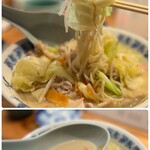 Chuugokushuka Teitei - 麺は、中太の丸麺でもっちりタイプ。
                      白濁したスープは、鶏だしや、豚骨ベースかな？
                      コクがありながら、さっぱり美味♪(*^o^*)