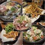 やきとんうまいもん横丁 まるたか - 川海老・枝豆・刺し盛り・さつまいもカリ・シーザーサラダ・塩鶏鍋