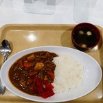 食堂 けやき - "トレイ"と"スプーン"を持って、"カレーカウンター"で食券を渡し、盛り付け量の希望を伝えて受け取ります。"おつゆ"もお忘れなく。