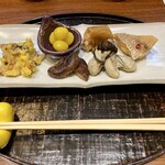 福の川いしだ - おばんざい いぶりがっことベーコンのポテトサラダ 素揚げ銀杏 椎茸の煮物 煮穴子の白板昆布巻 牡蠣のオイル漬 鯛の南蛮漬